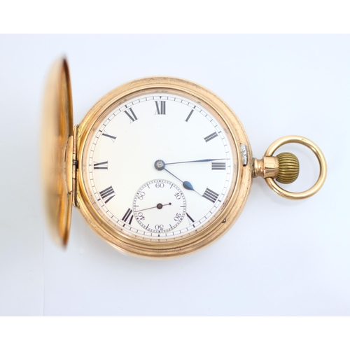 127 - An early 20th century 9ct yellow gold ‘Waltham Traveller’ full hunter pocket watch, the white enamel... 