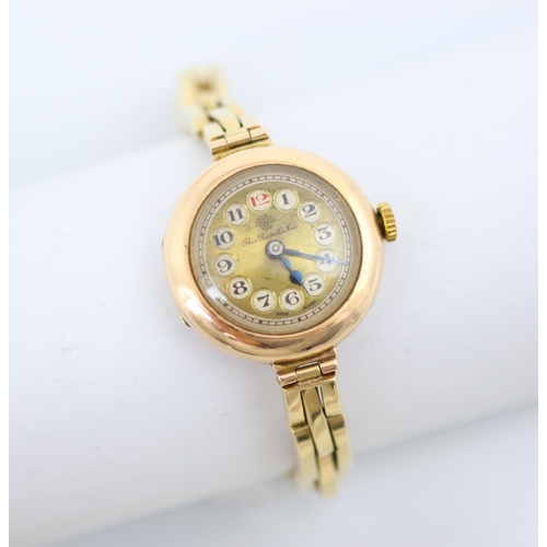 128 - A 20th century yellow metal ladies wristwatch, the circular gold coloured 'Thos Russell and Sons' di... 