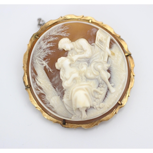 200 - A 20th century cameo, the rectangular cameo depicting 'The last supper' within yellow metal engraved... 