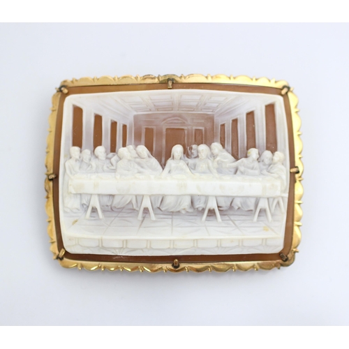 200 - A 20th century cameo, the rectangular cameo depicting 'The last supper' within yellow metal engraved... 