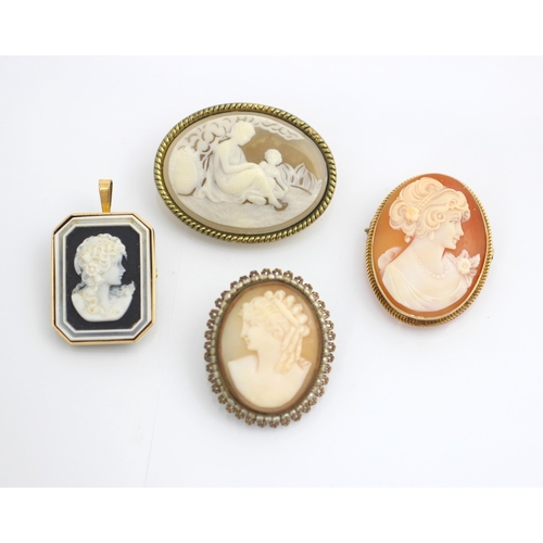 201 - A group of four cameo brooches, including a rectangular blue and white cameo, with canted corners, d... 