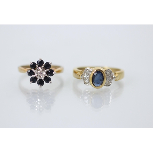 214 - A 9ct yellow gold sapphire and diamond cluster ring, the central round cut diamond within white meta... 