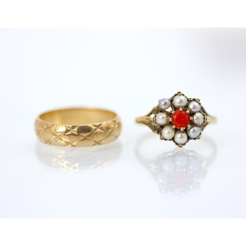 225 - A Victorian style 9ct yellow gold coral and pearl cluster ring, the central coral cabochon within su... 