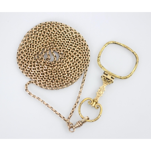 228 - An early 20th century yellow metal long guard chain, the lightly faceted oval links with lobster fas... 