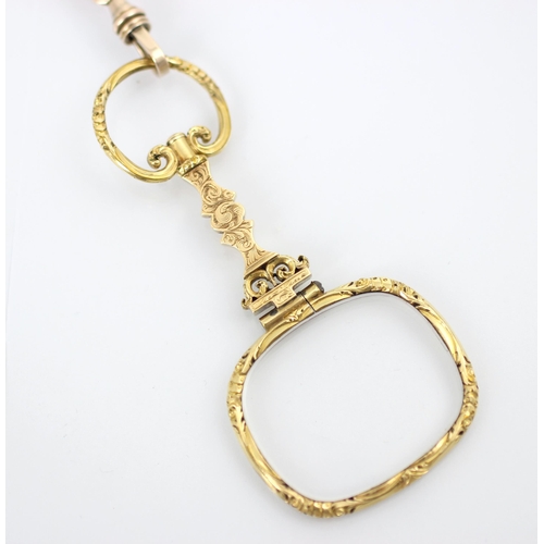 228 - An early 20th century yellow metal long guard chain, the lightly faceted oval links with lobster fas... 