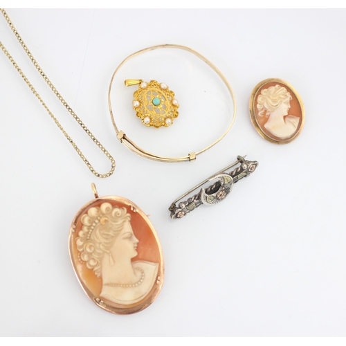 247 - A selection of jewellery, including two yellow metal mounted cameo brooches, both depicting maidens,... 