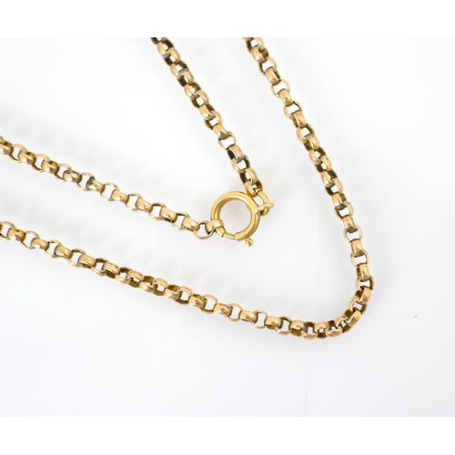 249 - An early 20th century yellow metal chain, the trace link chain with bolt ring fastening stamped ‘9c’... 