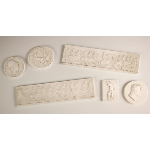 285 - Six Grand Tour style plaster plaques, early 20th century, comprising: a rectangular example, depicti... 