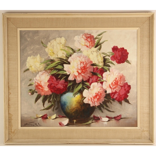 287 - English school (20th century),  
Still life with peonies in a blue glazed vase,  
Oil on canvas,  
I... 