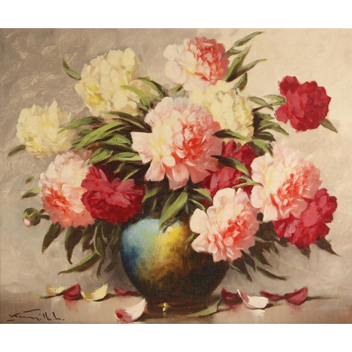 287 - English school (20th century),  
Still life with peonies in a blue glazed vase,  
Oil on canvas,  
I... 