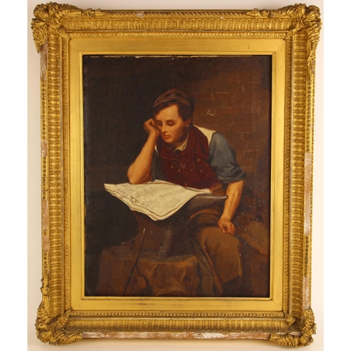 289 - Manner of John Donaghy (American, 1838-1931),  
Portrait of a seated blacksmith reading a newspaper,... 