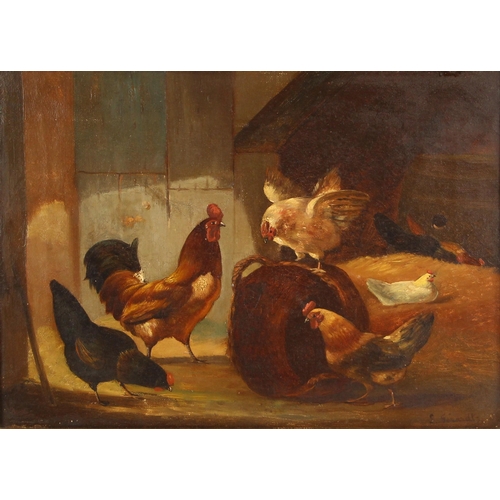 291 - E Gerard (English school, late 19th or early 20th century),  
A cockerel with chickens in a barn,  
... 