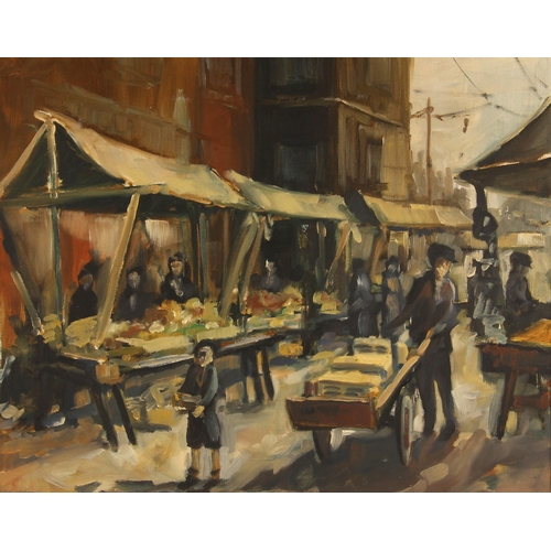 294 - Northern school (20th century),  
A market scene with man pushing a barrow,  
Oil on board,  
Unsign... 