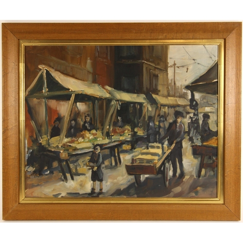 294 - Northern school (20th century),  
A market scene with man pushing a barrow,  
Oil on board,  
Unsign... 