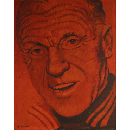 299 - Alan Curran (British, 1933-2000),  
A head-only portrait of Bill Shankley,  
Oil on board,  
Signed ... 