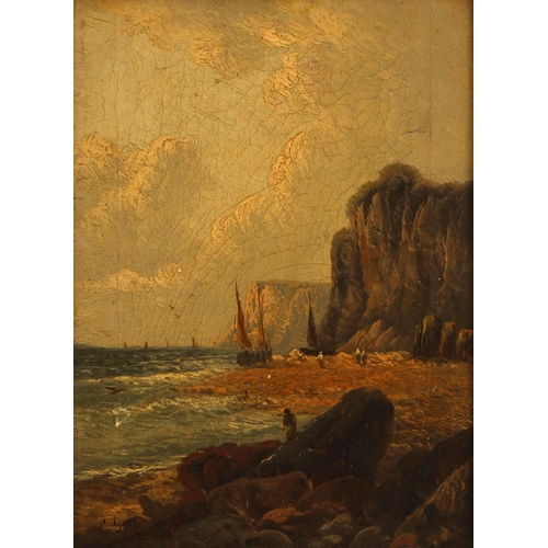 300 - English school (19th century),  
A coastal scene with figures and fishing boats,  
Oil on canvas,  
... 