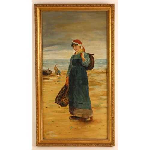 306 - After Nina Anderson (active 1886–1938),  
'A Fishwife',  
Oil on canvas,  
Unsigned,  
53cm x 27cm, ... 