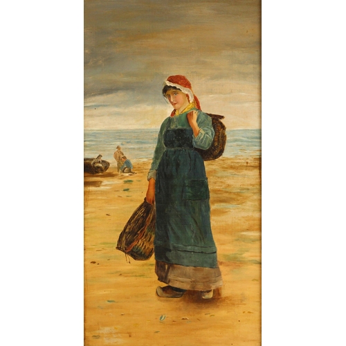 306 - After Nina Anderson (active 1886–1938),  
'A Fishwife',  
Oil on canvas,  
Unsigned,  
53cm x 27cm, ... 