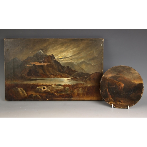 307 - Manner of Sir Edwin Landseer (British, 1802-1873), 
A tondo mountainous landscape with deer drinking... 