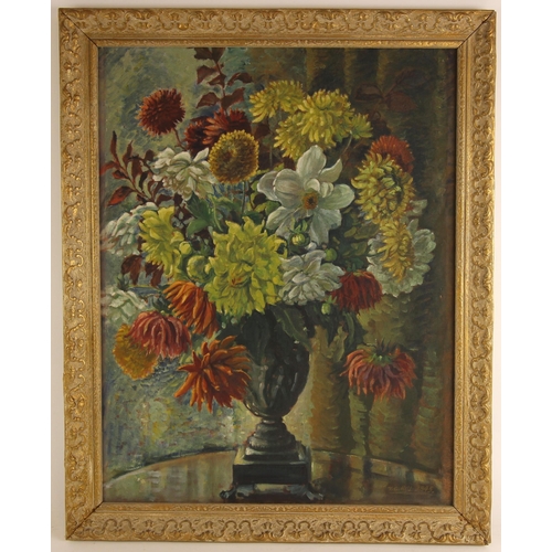 314 - T. G. Hill (British, 20th century),  
Still life with chrysanthemums and dahlias in an urn,  
Oil on... 