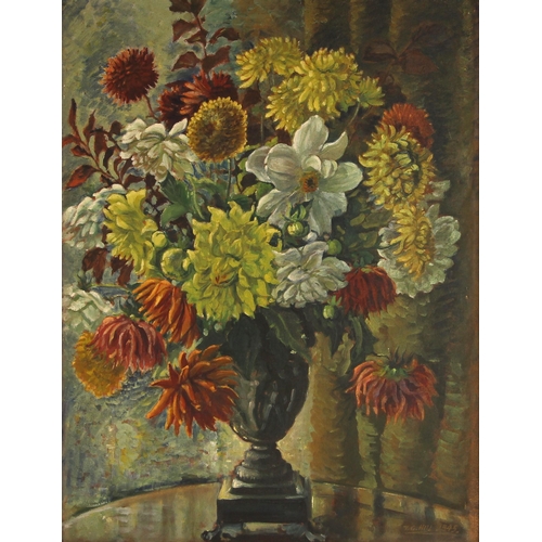 314 - T. G. Hill (British, 20th century),  
Still life with chrysanthemums and dahlias in an urn,  
Oil on... 