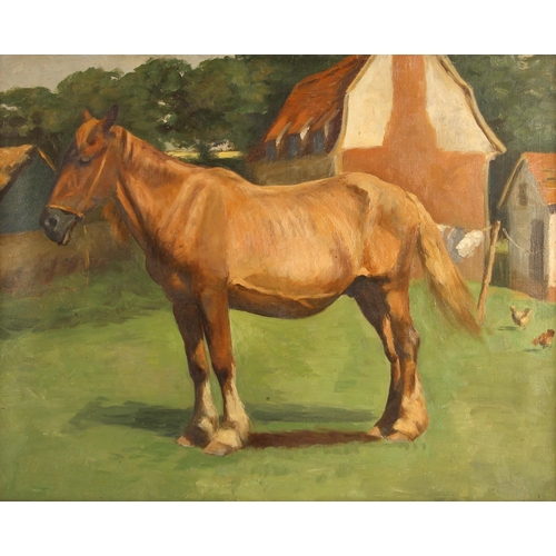 315 - English school (20th century),  
A chestnut horse standing before a barn,  
Oil on canvas,  
Unsigne... 