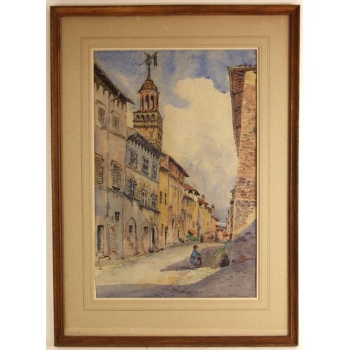 320 - Continental school (20th century),  
A town street with children,  
Watercolour on paper,  
Unsigned... 