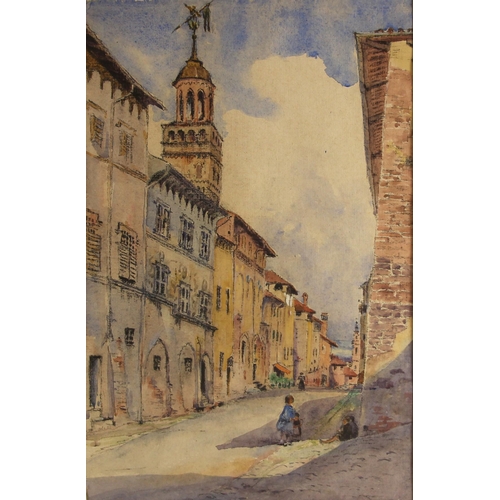 320 - Continental school (20th century),  
A town street with children,  
Watercolour on paper,  
Unsigned... 