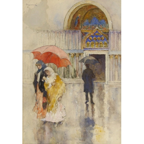 326 - David Woodlock (British, 1842-1929),  
A Venetian scene with friends sharing an umbrella passing San... 