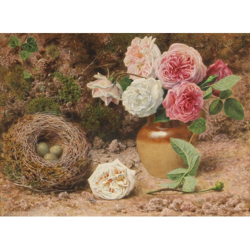 327 - John Sherrin RI (1819-1896),  
'The Gardeners Pride', still life with a nest and stoneware vase of r... 