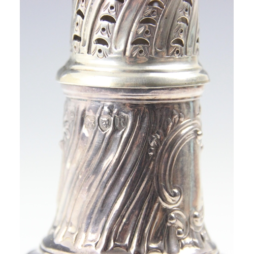 4 - A Victorian silver sugar sifter, Thomas Bradbury & Sons, London 1892, with flame finial above an emb... 