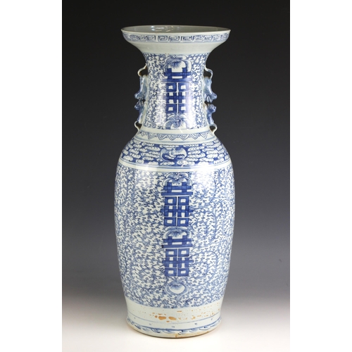 471 - A large Chinese porcelain blue and white 'marriage' vase, 19th century, the baluster shaped vase ext... 