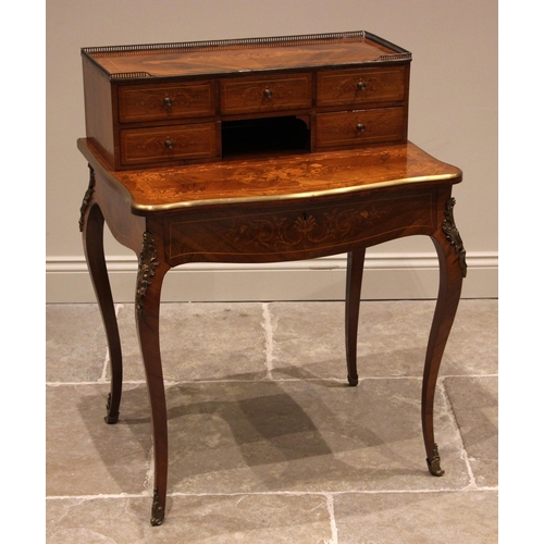 805 - A French Louis XV style rosewood and marquetry bonheur de jour, late 19th/early 20th century, the su... 