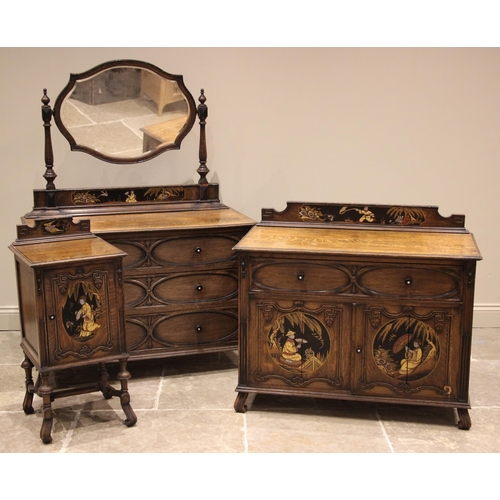 819 - An oak and chinoiserie five piece bedroom suite, circa 1920, comprising wardrobe, double bed, washst... 