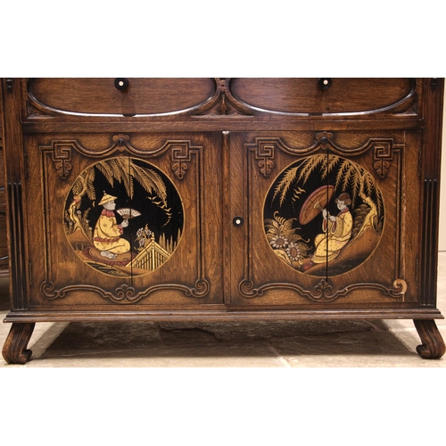 819 - An oak and chinoiserie five piece bedroom suite, circa 1920, comprising wardrobe, double bed, washst... 