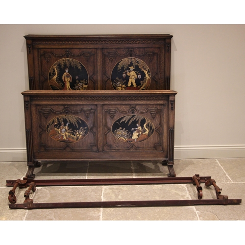 819 - An oak and chinoiserie five piece bedroom suite, circa 1920, comprising wardrobe, double bed, washst... 