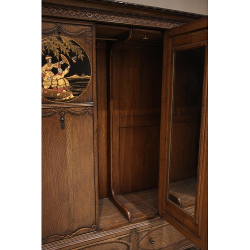 819 - An oak and chinoiserie five piece bedroom suite, circa 1920, comprising wardrobe, double bed, washst... 