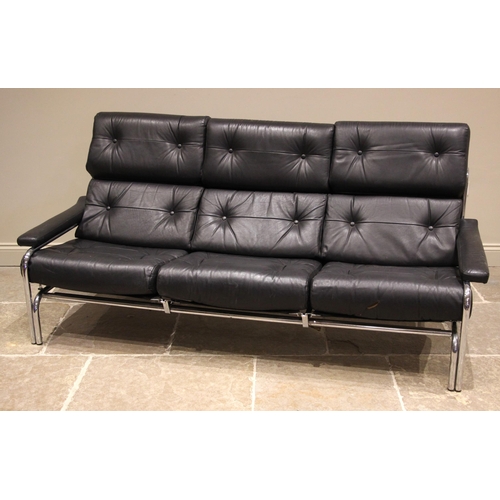 832 - Tim Bates for Pieff an Alpha sofa and swivel armchair, circa 1970, the black leather sofa upon a chr... 