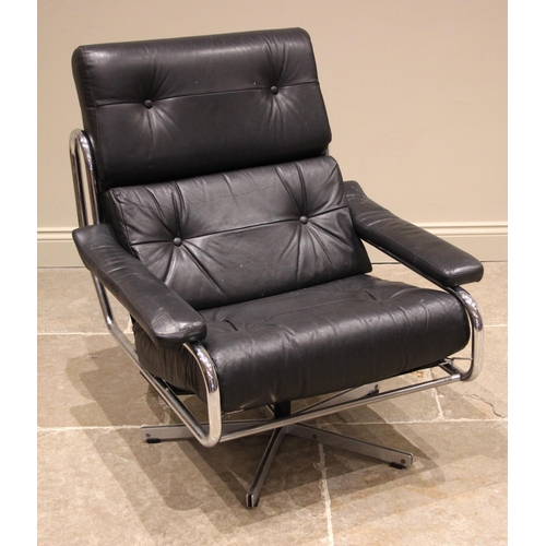 832 - Tim Bates for Pieff an Alpha sofa and swivel armchair, circa 1970, the black leather sofa upon a chr... 