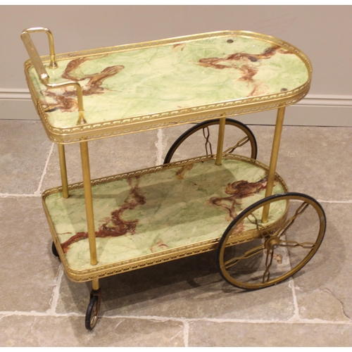 836 - A Hollywood Regency style drinks trolley, mid 20th century, the two simulated marble tiers with a gi... 