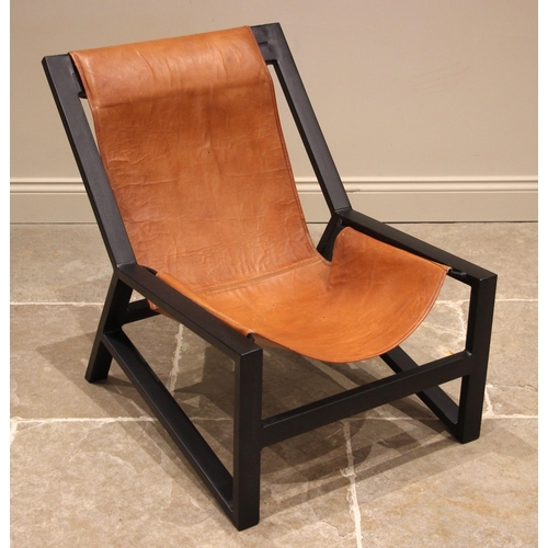 837 - An Nkuku sling chair, late 20th century, the tan leather seats upon a painted box section frame, 78c... 