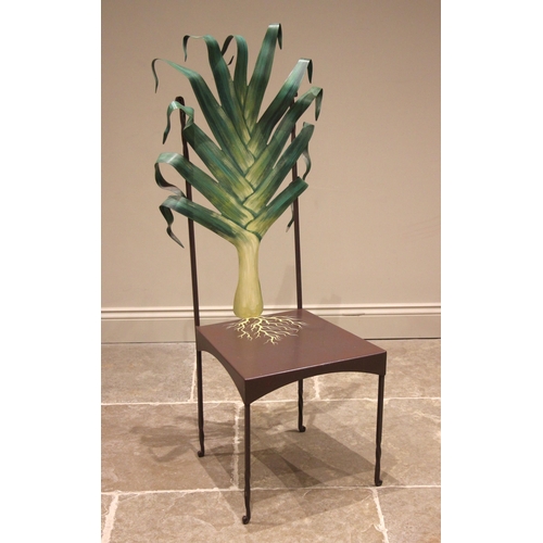 863 - A novelty painted iron leek chair, late 20th century, the back rest modelled as a leafy leek, extend... 