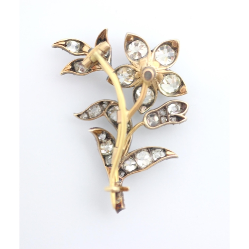 136 - A late 19th century diamond set spray brooch, designed as a flower with old cut diamonds set through... 