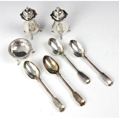 76 - A selection of silver items, including a set of four Victorian silver fiddle pattern teaspoons, Chaw... 