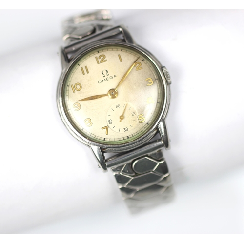 129 - A stainless steel Omega wristwatch, the white circular dial with gold coloured Arabic numerals and s... 