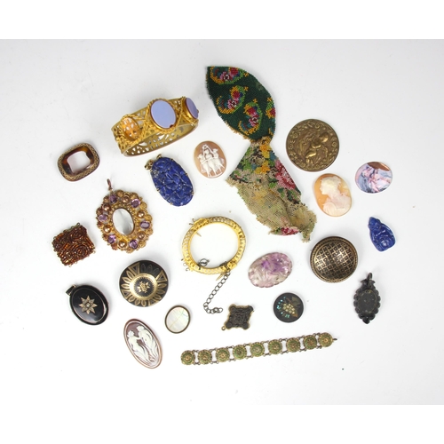 144 - A selection of costume jewellery, including gilt metal banded agate set bangle, of openwork form wit... 