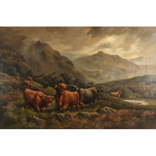 296A - Henry John Livens (British, 1848-1943),  
Highland cattle in a mountainous landscape,  
Oil on canva... 