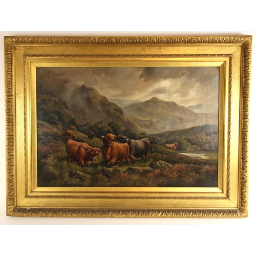 296A - Henry John Livens (British, 1848-1943),  
Highland cattle in a mountainous landscape,  
Oil on canva... 