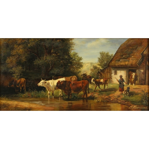 313 - English school (19th century),  
Cattle watering outside a barn,  
Oil on board,  
Signed 'B. Thomas... 