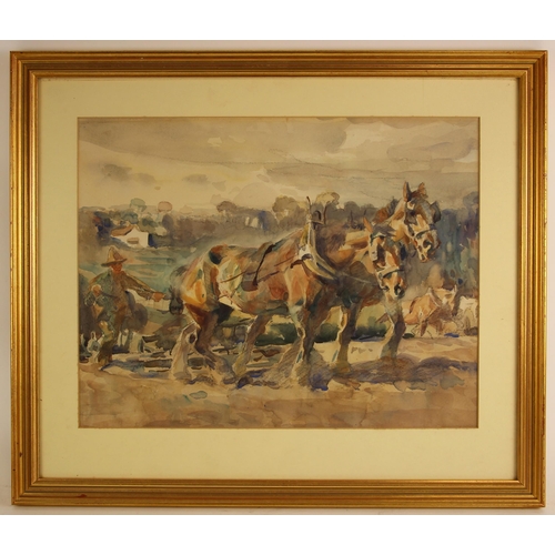 333 - English school (early 20th century),  
Horses ploughing,  
Watercolour on paper,  
Unsigned,  
35.5c... 